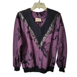 3360)Vtg 80s Pierre Lamonte Sissies Purple Floral Ribbed Trim  Sweatshirt Med?